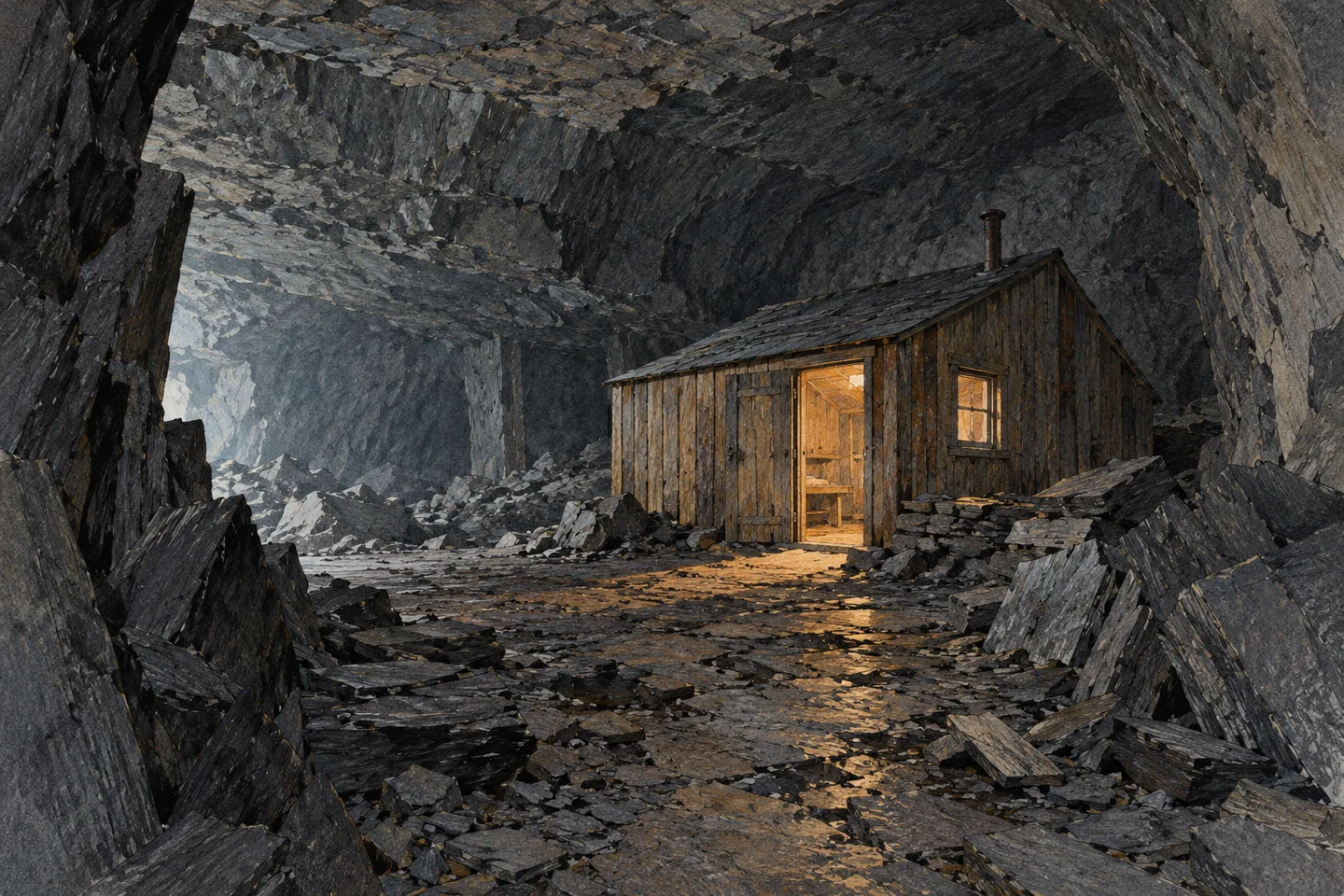 Illustration of an underground sleeping cabin in a slate cavern