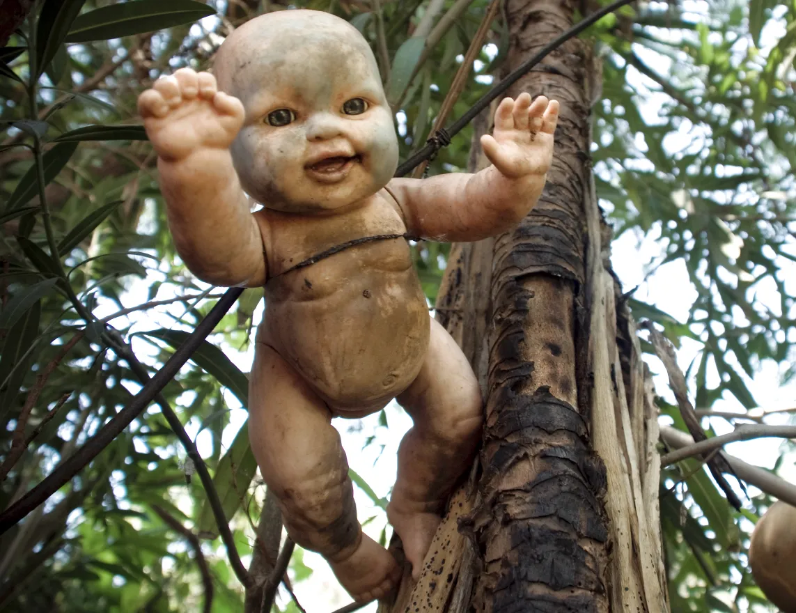 Weathered dolls hanging on the Island of the Dolls in Xochimilco