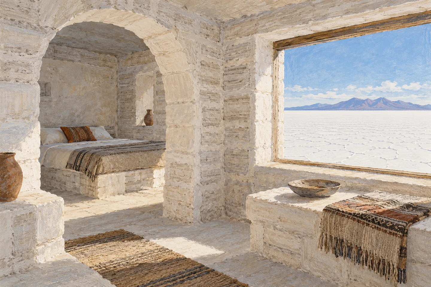 Concept illustration of a salt-block bedroom with a view of salt flats