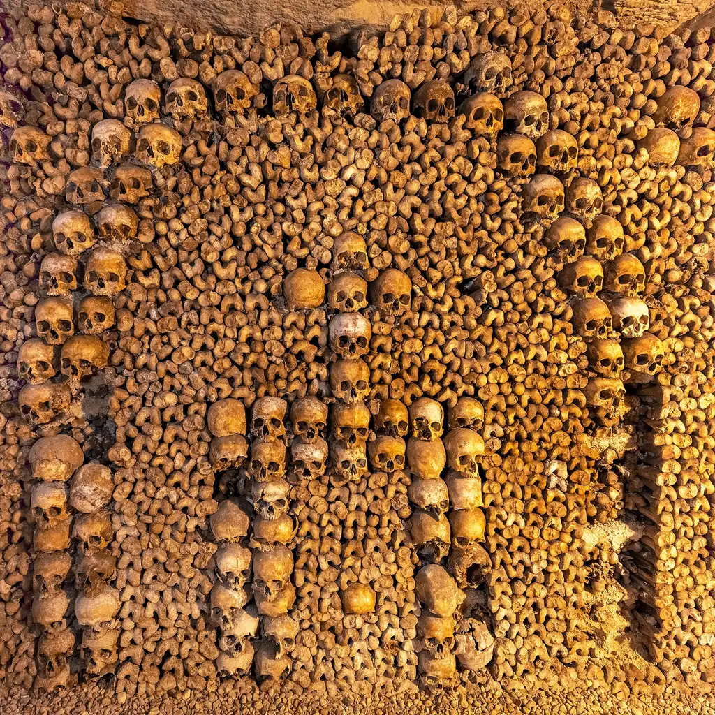 Human remains arranged along the official Paris Catacombs visitor route