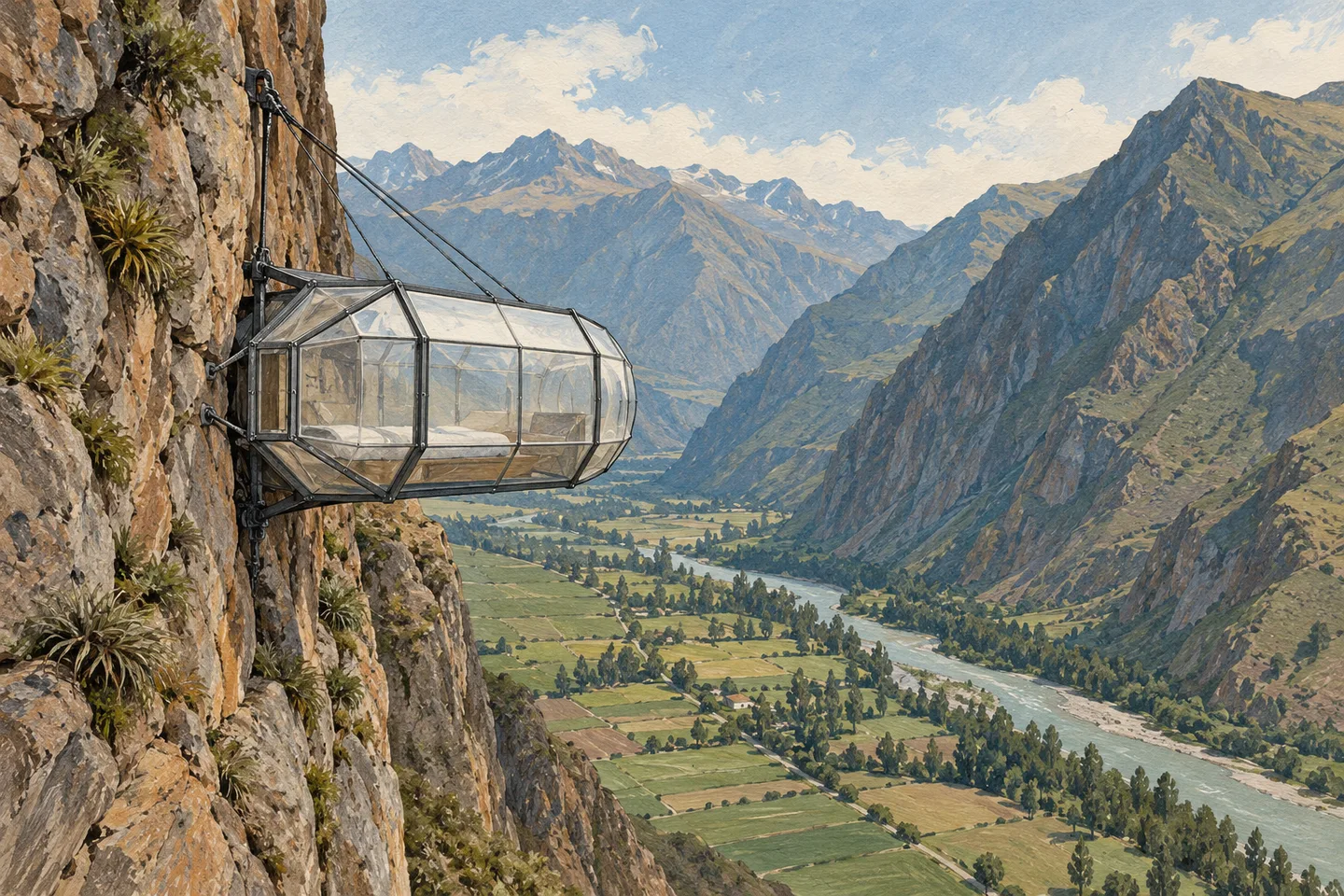 Concept illustration of a transparent sleeping capsule on an Andean cliff