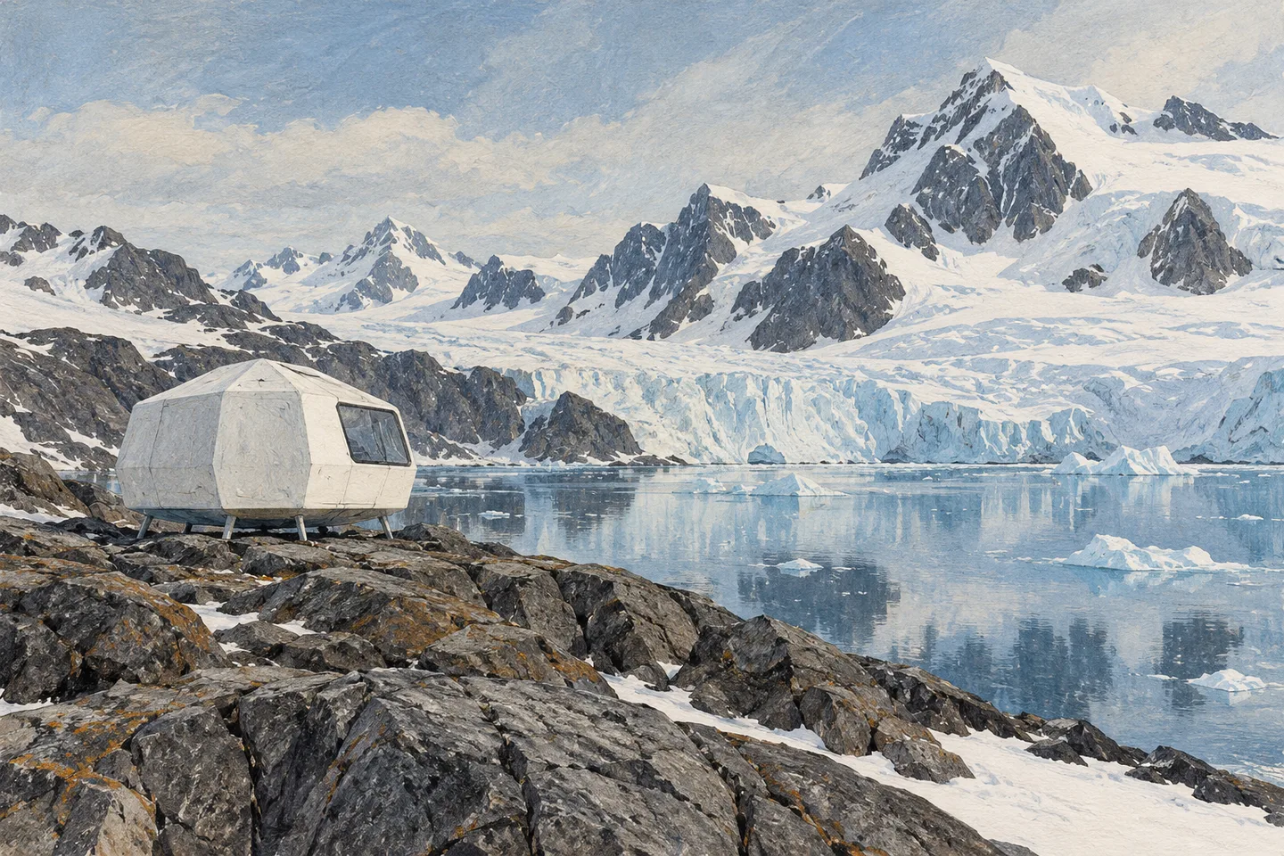 Concept illustration of an Antarctic sleeping pod beside exposed rock and ice